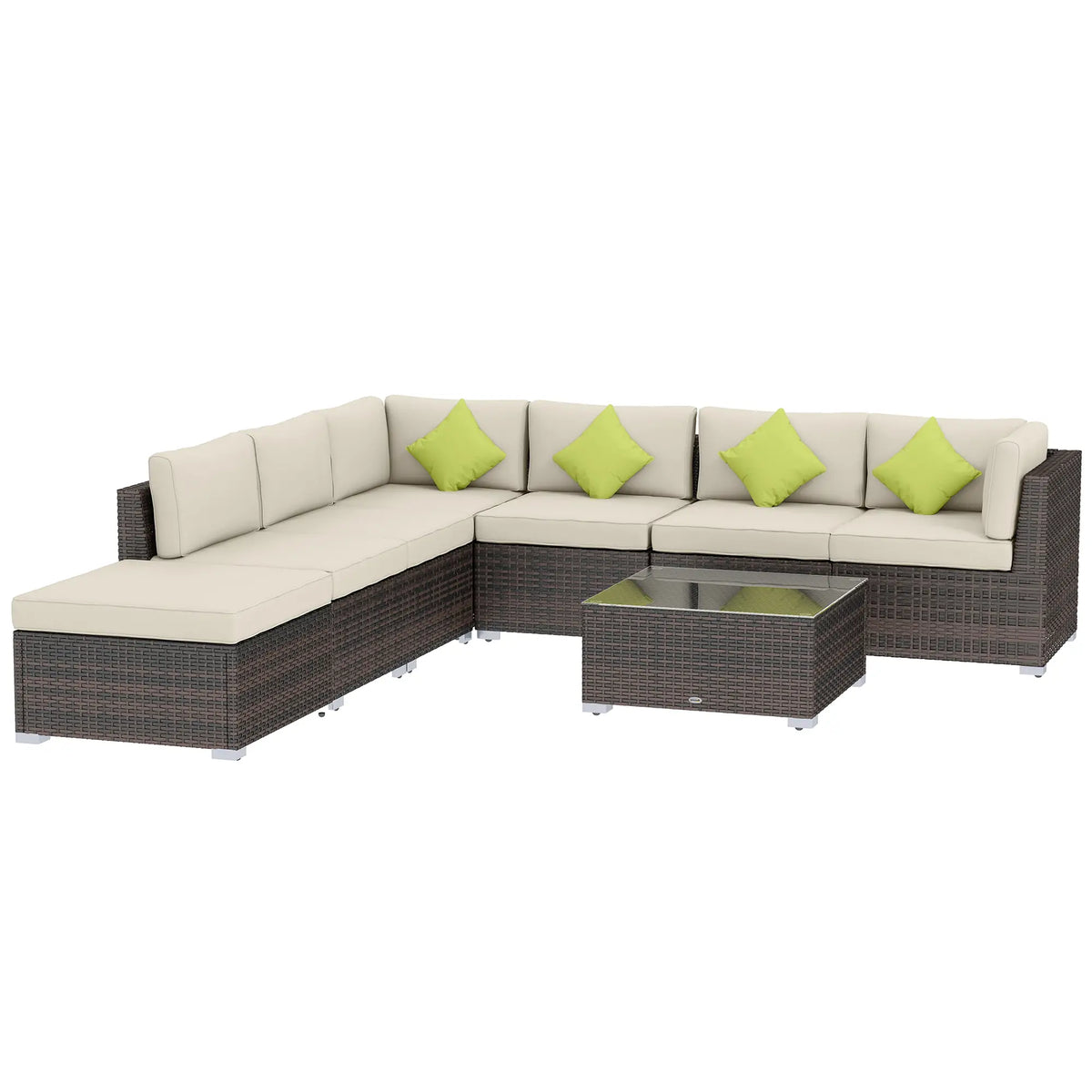 Brown rattan corner sofa set with cream cushions, green accent pillows and glass-top coffee table