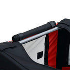 Red and black pet trailer roll-up PVC cover and mesh door window on steel frame