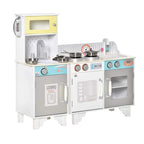 Two kids wooden toy kitchen playset with stove, sink, phone, and storage cabinets