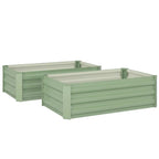 Set of two light green steel raised planter boxes with open top and side slats