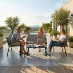Grey outdoor seating set arranged for four people with metal coffee table