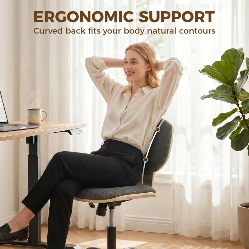 Grey upholstered office chair with curved ergonomic backrest and padded seat