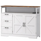 White sideboard cabinet with 3 drawers, double barn-style doors, and top open shelf
