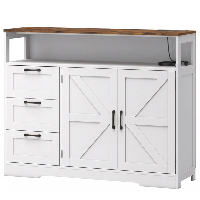 White sideboard cabinet with 3 drawers, double barn-style doors, and top open shelf