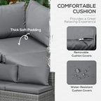 Grey outdoor cushion with thick padding and smooth zipper on rattan sofa seat
