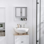 Bathroom wall storage cabinet above a sink with mirrored doors and open shelving