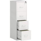White four-drawer steel filing cabinet with pull handles and open drawer fronts