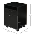 Black mobile filing cabinet with two drawers, side door, and four wheels