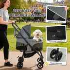 Grey pet stroller with reflective trim, secure leash clips, and rear wheel brakes