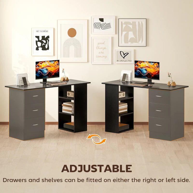 Black office desk with 3 drawers and open shelves for home workspace