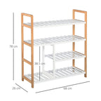 Four-tier shoe rack with natural wood side frames and white slatted shelves
