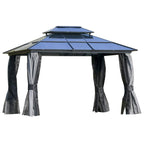 Charcoal gray hardtop gazebo with blue roof panels and hanging net side curtains