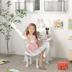 Kids bunny dressing table with mirror and pink stool, white and pink vanity