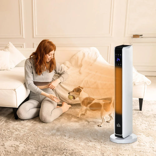 White space heater standing on base with remote control