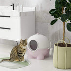 Pink enclosed cat litter box with front door on floor, with tabby cat nearby