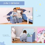 Blue 2-in-1 kids toy storage box with hinged lid, child and stuffed animal