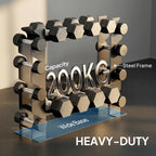 Heavy-duty black steel dumbbell rack with wide base and side pegs for weights