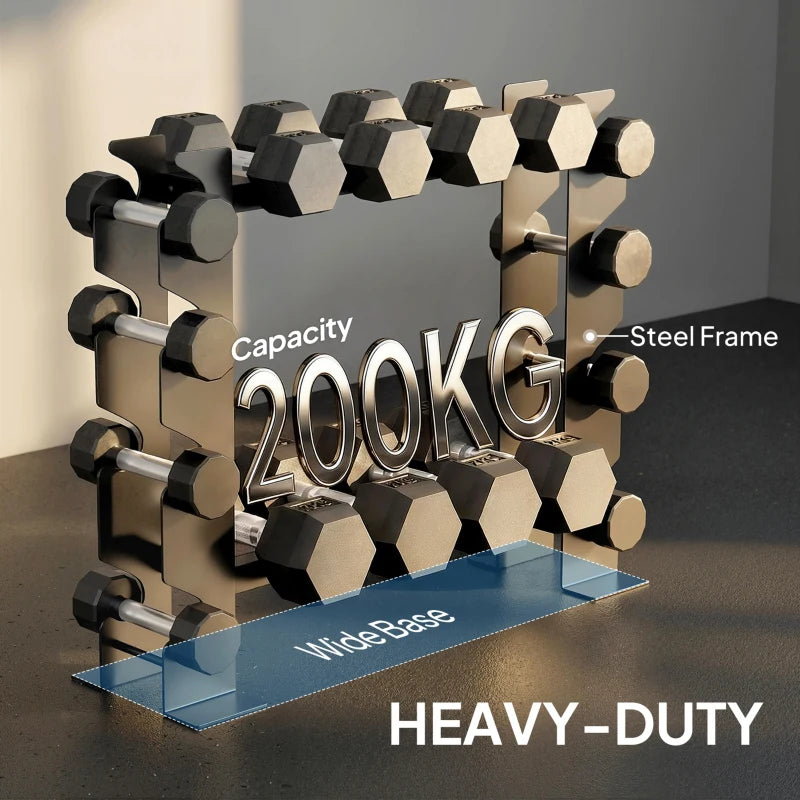 Heavy-duty black steel dumbbell rack with wide base and side pegs for weights