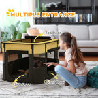 Yellow portable dog playpen with top door and front and side access doors