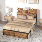 Industrial double bed frame in rustic brown with slatted base and two drawer storage