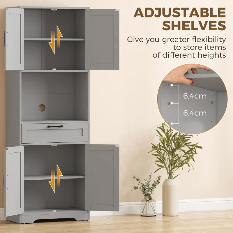 Grey tall pantry cabinet with adjustable shelves, open compartments, and double-door storage