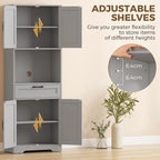 Grey tall pantry cabinet with adjustable shelves, open compartments, and double-door storage