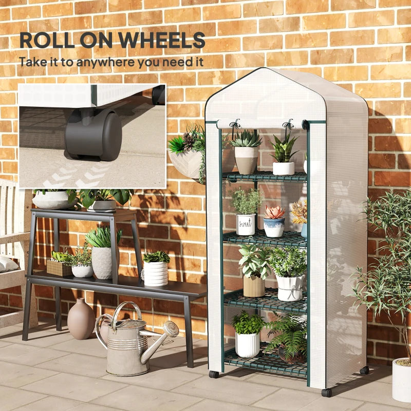 White 4-tier mini greenhouse with PE cover, open door, and roll-on wheels