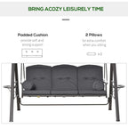 Outdoor 3-seat swing bench with dark grey padded cushions and two accent pillows