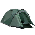 Green dome family tent with large front window and black mesh door