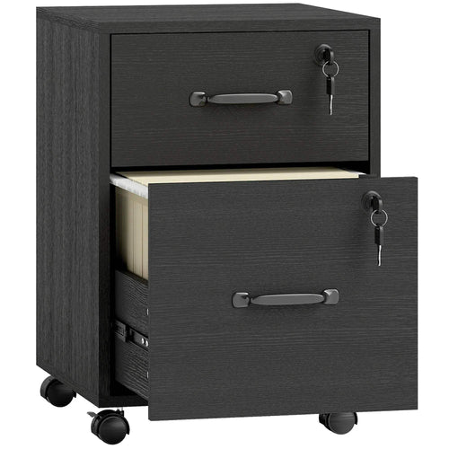Black rolling file cabinet with two drawers, curved pulls, and lock keys on casters