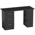 Black computer desk with 3 drawers and right open storage shelf