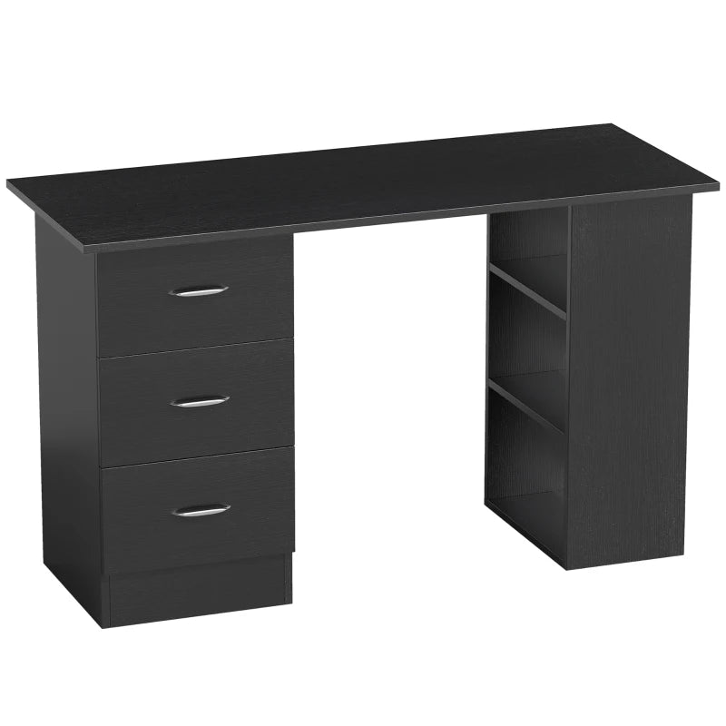 Black computer desk with 3 drawers and right open storage shelf