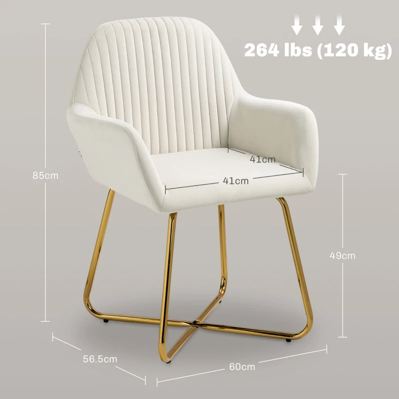 Cream upholstered accent chair with channel tufted back and gold curved metal sled base