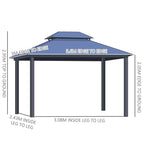 Blue hardtop gazebo with steel legs and open side panels shown with size lines