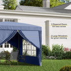 Blue pop-up gazebo with zippered door curtain and large window panels