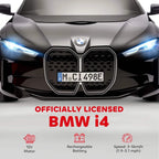 Front view of black kids electric ride-on car with BMW logo and twin headlights