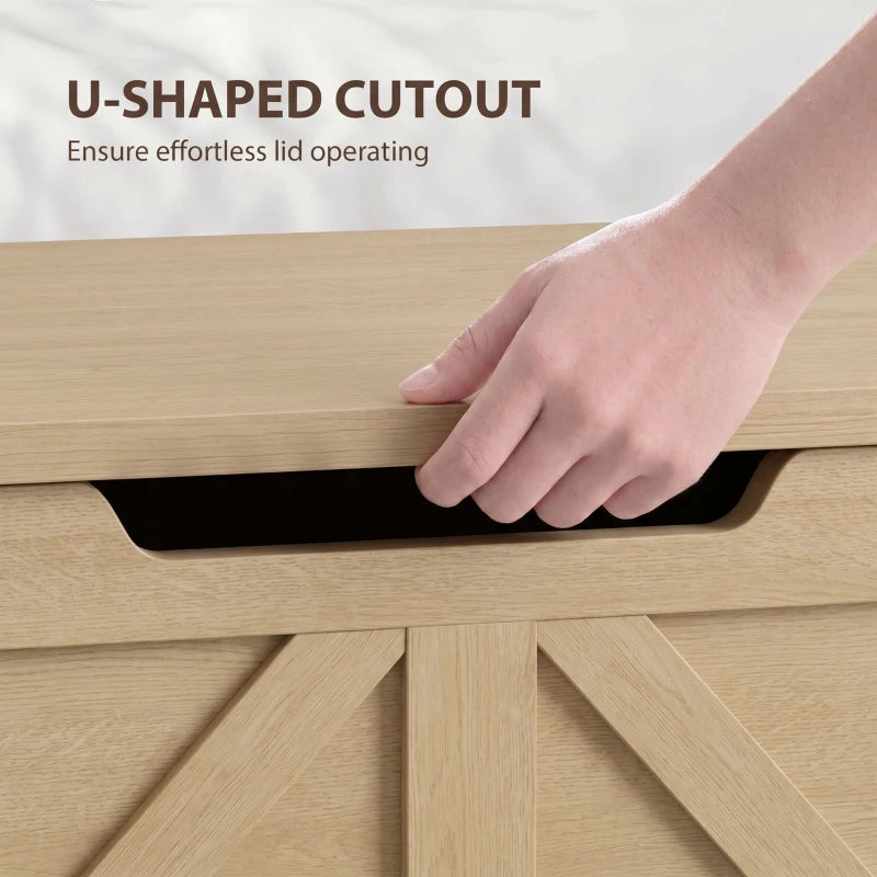 Wood storage box lid with U-shaped cutout hand grip for easy opening