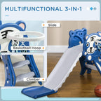 Blue bear-themed 3-in-1 baby slide with basketball hoop and step climber
