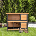 Two-level pet hutch with wire mesh panels and wooden doors, dark metal frame