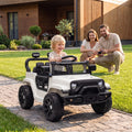 White electric kids ride-on car with seated child and front headlights