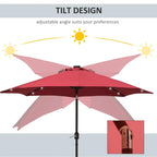 Red patio umbrella canopy with adjustable tilt design
