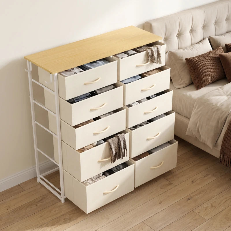 Beige fabric drawer dresser with open drawers and fabric dividers for storage