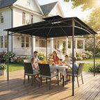 Black metal garden gazebo with two-tier roof and four posts, open sides