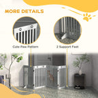 Grey wooden pet gate with paw pattern top and two support feet for freestanding use