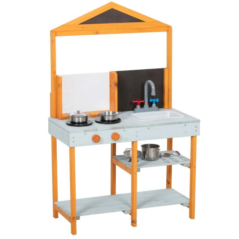 Kids outdoor wooden play kitchen with sink, stove burners, and storage shelves
