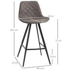 Dark grey padded bar stool with diamond-quilted back and seat, steel legs with footrest