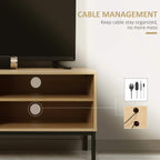 Wood-effect TV stand interior with open shelves and cable management area.