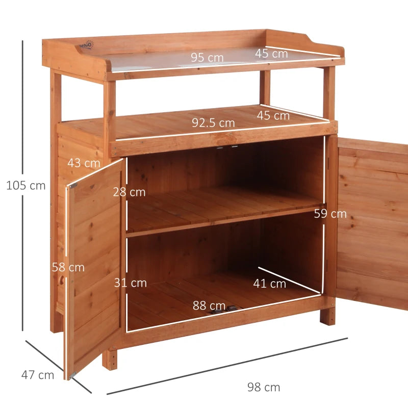Orange potting bench with open cabinet storage and two wooden shelves