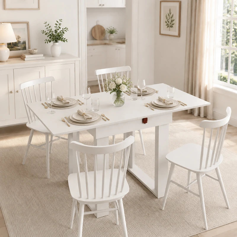 White folding dining table with chairs around and side under storage rail