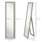 Full-length mirror showing front view, side view, and dimensions on frame